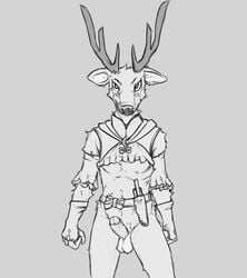 anthro antlers armor armwear balls belt black_nose bottomless bottomless_male bow_tie cape cervid cervine clenched_fists clothed clothing dog_tags erection facial_markings foreskin genitals gloves grey_background handwear head_markings horn lawyerdog looking_at_viewer male male_only mammal markings monochrome name_tag panko_(lawyerdog) penis simple_background sketch snout solo uncut weapon weapon_sheath