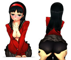 amagi_yukiko ass ass_grab bent_over big_ass black_eyes black_hair blush bra breasts cleavage drooling empty_eyes from_behind groping hair hairband huge_ass kamita lingerie long_hair megami_tensei no_panties open_clothes open_shirt panties pantyhose persona persona_4 pussy saliva school_uniform shirt skirt spread_pussy spread_pussy_under_clothes sweat underwear