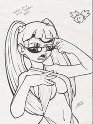 1boy 1girls arnold_shortman bikini breasts cleavage female female_focus garabatoz helga_pataki hey_arnold! hourglass_figure human human_only line_art long_hair male medium_breasts monochrome navel nickelodeon partial_male straight sunglasses toony tsundere twintails voluptuous white_background