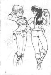 2girls ass boots breasts curvaceous dirty_pair female headband human kei_(dirty_pair) large_breasts long_hair monochrome multiple_girls nipples pussy short_hair sketch sukebe_1/3 tagme tomboy yuri_(dirty_pair)