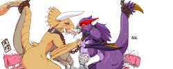 2girls anal anthro breasts capcom chains diablos dildo double_insertion flying_wyvern french_kiss furry hand_holding insertion lactation machine milk milking_machine monster_girl monster_hunter monster_hunter_freedom_unite nargacuga no_(artist) pussy_juice saliva source_request sweat uncensored vaginal_penetration vibrator white_background year_request