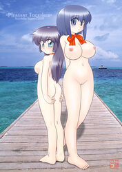 2girls ass blue_hair breasts crossover duo female human koyomisa koyori_kokubunji large_breasts long_hair looking_at_viewer misao_amano multiple_girls nipples nude nurse_witch_komugi-chan pale-skinned_female pale_skin pretty_sammy pussy short_hair standing tenchi_muyo! thick_thighs wide_hips