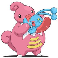 1boy ambiguous_gender blue_skin interspecies lickilicky licking manaphy nintendo oral pink_skin pokemon pokemon_dppt saliva size_difference