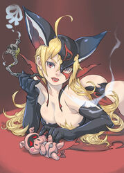 1girls 2009 animal_ears ass bat_ears blonde_hair breasts cleavage clothing curvaceous defeated doronjo elbow_gloves female gloves human kiseru large_breasts latex latex_gloves light-skinned_female light_skin lipstick long_hair makeup mask muuten pipe smoking time_bokan_(series) villainess yatterman