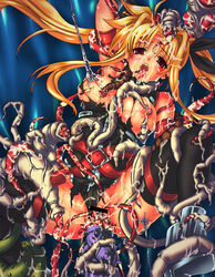 belt blonde_hair boots breasts censored cum fate_testarossa highres mahou_shoujo_lyrical_nanoha open_mouth oral red_eyes rokko tentacle tentacle_in_ear tongue torn_clothes vaginal_penetration