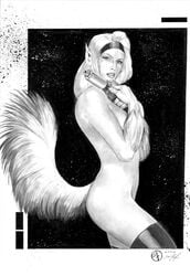 black_and_white covering_breasts female female_only hepzibah_(x-men) looking_at_viewer marvel marvel_comics nude nude_female pistol starjammers straight_hair tail weapon x-force x-men