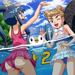 2girls arms_up ass bikini_skirt breasts casual_one-piece_swimsuit dawn_(pokemon) double_bun earrings eyebrows human human_only jewelry lowres nintendo one-piece_swimsuit piplup pokemoa pokemon pokemon:_arceus_and_the_jewel_of_life pokemon_(anime) pokemon_(species) pokemon_dppt ponytail sheena_(pokemon) sky soara splash splashing swimsuit tied_hair water wet wink