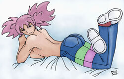 1girls back breasts capcom female iroaya_madoi looking_at_viewer mega_man mega_man_battle_network mega_man_nt_warrior ms._madd pink_hair rockman rockman_exe shorts sideboob solo topless