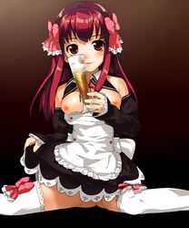 amane apron beer_glass blush breasts breasts_out brown_eyes dream_c_club dream_club female ki_(artist) long_hair looking_at_viewer nipples red_hair smile solo thighhighs waitress