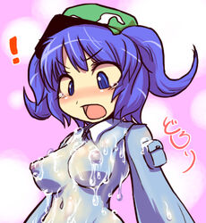 blue_eyes blue_hair blush breasts breasts_apart clothing dissolving_clothes hakika hat lowres nipples nitori_kawashiro see-through short_twintails surprised tied_hair touhou twintails wardrobe_malfunction