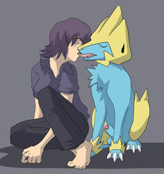 closed_eyes clothed female female_on_feral feral french_kiss human_on_feral interspecies irene kiss kissing manectric pokemon tongue