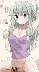 1boy 1girls armpits blush breasts condom condom_wrapper female green_hair kusanagi_nene male nipple_bulge penis project_sekai purple_eyes sitting sitting_on_penis sitting_on_person sweat