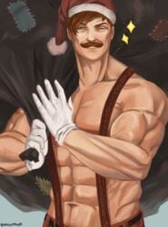 abs biceps clothed escanor ginger gloves holding_object male_only moustache muscular muscular_male nanatsu_no_taizai pubes santa_hat solo solo_male suspenders wink