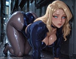 1girl ai_generated all_fours ass backdoorsenpai big_ass black_canary black_choker black_high_heels blonde_hair blue_eyes blue_jacket blue_leotard blush breasts curvy dc dc_comics dinah_lance egao female_focus grey_pantyhose hanging_breasts high_heels large_breasts leotard long_hair looking_ahead naughty_face naugty_eyes open_jacket pantyhose perky_breasts solo steam stiletto_heels sweat thick_thighs thighs wet wide_hips