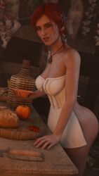 1girls 3d apron apron_only ass big_ass breasts bubble_butt cd_projekt_red earrings eating female fomos freckles freckles_on_face light-skinned_female light_skin looking_at_viewer mascara necklace nude red_hair solo solo_female the_witcher_(series) the_witcher_3:_wild_hunt triss_merigold wet_body