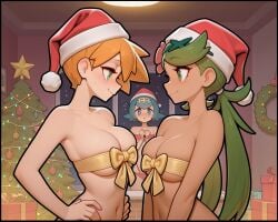 3girls ai_generated asymmetrical_hair bangs blue_eyes blue_hair blush bodily_fluids box breast_envy breasts busty christmas christmas_ornaments christmas_outfit christmas_present christmas_tree cleavage closed_mouth clothing dark-skinned_female dark_skin eye_contact female flower flying_sweatdrops freckles gift gift_box green_eyes green_hair group hair_flower hair_ornament hairband hands_on_hips hands_on_own_hips hat headwear indoors kasumi_(pokemon) lana_(pokemon) large_breasts long_hair looking_at_another mallow_(pokemon) medium_breasts misty_(pokemon) multiple_girls naked_ribbon navel nervous_smile night no_sclera orange_hair pokemon ponytail red_headwear ribbon santa_hat short_hair side_ponytail skindentation smile stomach sweat sweatdrop tied_hair tree trial_captain twintails underboob upper_body window wreath yellow_hairband yellow_ribbon yuri