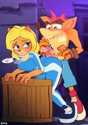 1boy 1girls 2021 activision anthro assjob bandicoot bent_over blonde_hair blue_eyes blush buttjob crash_(series) crash_bandicoot crate dry_humping duo ema_npr female furry furry_female furry_male grin grinding hair heart hi_res hot_dogging humping imminent_sex isabella_bandicoot jumpsuit looking_back male male/female mammal marsupial precum rubbing trophy_girls twerking video_games