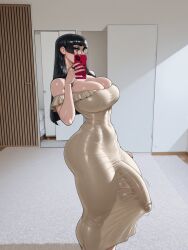 ai_generated balls big_balls big_breasts big_bulge big_penis black_hair blush bulge color dress futa_only futanari hi_res huge_cock large_breasts light_skin long_hair looking_at_viewer massive_penis original_character selfie solo solo_futa standing thighs