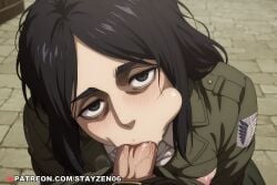 1boy 1girl :>= ai ai_art ai_generated bags_under_eyes black_eyes black_hair blush breasts cheek_bulge erection fellatio green_jacket hetero jacket long_hair looking_at_viewer nipples oral paradis_military_uniform penis pieck_finger pov pov_crotch saliva shingeki_no_kyojin solo_focus survey_corps_(emblem) thick_eyebrows uncensored uniform veins veiny_penis