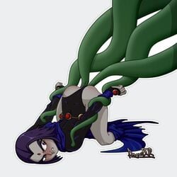 1girls blush dagnibor dc dc_comics double_penetration forehead_jewel grey_skin leotard leotard_aside purple_eyes purple_hair rachel_roth rape raven_(dc) teen_titans tentacle tentacle_sex