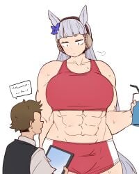 abs big_breasts bigger_female bored_expression drink featureless_face gold_ship_(umamusume) horse_girl looking_down muscular_female tablet talking trainer_(umamusume)