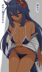 1girls bikini blush dark-skinned_female hishi_amazon_(umamusume) kumiyabe school_uniform solo sweat tan_body umamusume