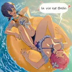 2girls bare_shoulders barefoot belle_(summer_skies)_(zenless_zone_zero) belle_(zenless_zone_zero) bikini bikini_bottom_aside bikini_top_under_shirt bikini_under_clothes blue_hair blue_one-piece_swimsuit blush bow breasts check_translation closed_eyes clothing_aside collarbone commentary_request crossed_bangs dildo double_dildo french_commentary french_text frilled_one-piece_swimsuit frills from_above hair_between_eyes hair_bow hair_ornament highres jewelry large_breasts letter_hair_ornament medium_breasts medium_hair mole mole_on_breast multiple_girls navel object_insertion off-shoulder_shirt off_shoulder official_alternate_costume on_innertube one-piece_swimsuit open_mouth outdoors pink_hair pussy remielle_dan remielle_dan_(dreamland_fest) ring saursunny see-through_clothes see-through_shirt sex_toy shared_object_insertion shirt short_hair speech_bubble sphere_hair_ornament swim_ring swimsuit tied_shirt toes translation_request vaginal water yuri zenless_zone_zero