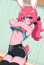 ai_generated anthro dreamflower female furry lifting_shirt oc pink_body rabbit shirt_lift solo
