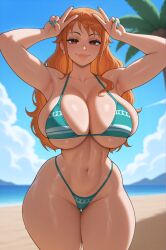 1girls ai_generated arm_tattoo beach big_breasts bikini blush boobs breasts brown_eyes curvy curvy_female curvy_figure female green_nails huge_breasts large_breasts light-skinned_female light_skin long_hair looking_at_viewer nail_polish nami_(one_piece) one_piece orange_hair slim_waist smiling stuffyai sweat sweatdrop tattoo thick thick_thighs tits wide_hips