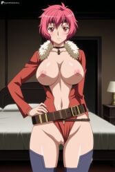 1girl ai_generated anime_coloring ass_visible_through_thighs bed bedroom belt blush breasts breasts_out censored choker closed_mouth clothing_aside collarbone cowboy_shot digitalwaifugallery fur_trim hand_on_own_hip headband hi_res high_quality high_resolution indoors kuroinu_~kedakaki_seijo_wa_hakudaku_ni_somaru~ lamp large_breasts leotard leotard_aside long_sleeves looking_at_viewer loose_belt maia_(kuroinu) mosaic_censoring navel nipples on_bed open_clothes patreon pussy red_eyes red_hair red_leotard seductive sexy short_hair solo standing thighhighs uncensored watermark