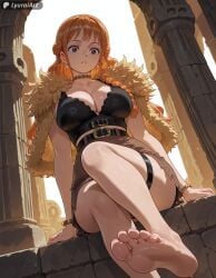 1girl 1girls absurd_res absurd_resolution absurdres ai_generated barefoot big_breasts blush blushing feet feet_fetish feet_focus feet_up female female_focus female_only foot_fetish foot_focus foot_play high_resolution highres light-skinned_female light_skin lyuraiart nami nami_(one_piece) one_piece one_piece:_elbaf_arc orange_hair sexy_body sexy_pose soles soles_fetish sweat sweating sweaty sweaty_body teasing thick_thighs thighs wide_hips