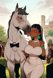 ai_generated altivo altivo_(the_road_to_el_dorado) bestiality bestiality_kiss bestiality_marriage black_hair blunt_bangs chel chel_(the_road_to_el_dorado) civitai dark-skinned_female dark_skin feral feral_horse french_kiss french_kissing horse huge_breasts jade_earrings kissing latina latina_female outdoors outside public the_road_to_el_dorado tongue tongue_kiss wedding wedding_attire wedding_dress wedding_ring wedding_veil white_horse zoophilia