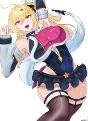 1girl absurdres ahoge arm_up armpits bare_shoulders black_skirt blonde_hair blush breasts brown_thighhighs chalky_(zenless_zone_zero) cissia_(zenless_zone_zero) commentary_request cowboy_shot detached_sleeves english_commentary fangs hair_between_eyes hair_ornament hairclip highres ichii_19 large_breasts long_hair looking_at_viewer miniskirt mixed-language_commentary open_mouth pom_pom_(clothes) pom_pom_hair_ornament red_eyes simple_background skirt snake snake_girl snake_tail tail thighhighs underboob white_background white_snake zenless_zone_zero