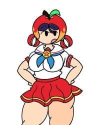 1girl apple black_eyes blue_hair blue_neckerchief breasts clothed flash_party fruit hands_on_own_hips hat huge_breasts literal_alguien open_mouth pleated_skirt red_skirt sailor_collar short_hair short_sleeves simple_background skirt solo sophia_(flash_party) thick_thighs thighs white_background white_sailor_collar white_shirt