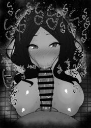 1boy 1girls :>= big_penis black_and_white blush breasts censored dark-skinned_male dark_skin detailed_background drooling eyelashes fate/grand_order fate_(series) fellatio female heart human indoor inside interracial kurotama leonardo_da_vinci_(fate/grand_order) long_hair looking_at_viewer male male_pov oral oral_sex penis ribbon room saliva shiny shiny_skin sketch sound_effects squatting sweat text vein veins veiny veiny_penis