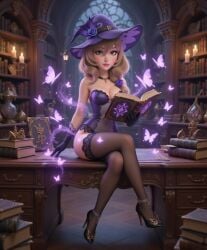 ai ai_art ai_assisted ai_generated aspen_(artist) black_shoes bodysuit book brown_hair butterfly crossed_legs desk female female_only genshin_impact gloves green_eyes hat library light_brown_hair light_skin lingerie lisa_(genshin_impact) long_hair magic magical_girl necklace night purple_lingerie rose_(flower) sitting slim slim_female slim_waist slime_girl stockings witch_hat
