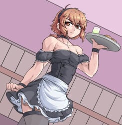 1boy 1femboy abs beautiful dish femboy glass maid male muscular muscular_femboy muscular_male orange_eyes orange_hair pectorals sheepapp