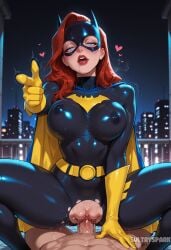1boy 1girl ai_generated artist_name barbara_gordon batgirl batgirl_(barbara_gordon) batman_(series) belt black_bodysuit blue_eyes bodysuit breasts cape clothed_female_nude_male clothed_sex covered_nipples cowgirl_position dc dc_comics futarush girl_on_top gloves heart hetero large_breasts latex long_hair looking_at_viewer mask night nude patreon patreon_username penis pointing_at_viewer pov pov_crotch pussy red_hair red_lips sex solo_focus squatting_cowgirl_position straddling sultryspark superhero torn_bodysuit torn_clothes uncensored vaginal yellow_gloves