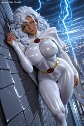 1girl ai_generated belt blue_eyes bodysuit breasts cape earrings hi_res high_quality high_resolution jewelry large_breasts lips long_hair looking_at_viewer lying marvel on_side patreon patreon_username seductive sexy silver_hair smile solo spicytoonai storm_(x-men) uncensored watermark web_address white_hair