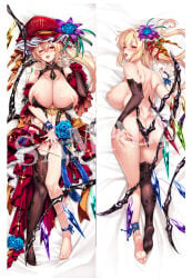 1girl absurdres aged_up ass bed_sheet black_thighhighs blonde_hair blue_flower blue_rose breasts cleavage commentary_request crystal_wings cum cum_in_pussy dakimakura_(medium) earrings fangs flandre_scarlet flower full_body hair_flower hair_ornament hat highres huge_breasts jewelry long_hair lying mob_cap multiple_views necklace nipples nude on_back on_bed ouma_tokiichi pussy red_eyes red_hat reitaisai rose sample_watermark single_thighhigh thighhighs touhou variant_set watermark wings