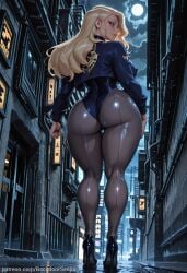 1girl ai_generated ass backdoorsenpai big_ass black_canary black_choker black_high_heels blonde_hair blue_eyes blue_jacket blue_leotard breasts curvy dc dc_comics dinah_lance egao female_focus from_behind from_below grey_pantyhose hand_on_own_hip high_heels large_breasts leotard long_hair looking_at_viewer looking_back naughty_face naugty_eyes open_jacket pantyhose perky_breasts solo stiletto_heels thick_thighs thighs wide_hips