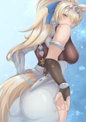 1girl absurdres animal_ears ass blonde_hair blue_background blue_eyes blush bodystocking breasts bridal_gauntlets closed_mouth clothing_cutout commentary_request cowboy_shot finger_under_clothes from_behind hair_over_one_eye hairband highres horse_ears horse_girl horse_tail large_breasts long_hair looking_at_viewer looking_back metal_hairband ponytail sigrid_(zenless_zone_zero) sigrid_de_l'azur single_bridal_gauntlet solo tail thigh_cutout zenless_zone_zero