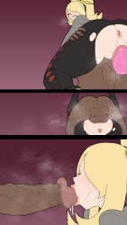 2d blonde_hair cynthia_(pokemon) dark-skinned_male fellatio large_breasts light-skinned_female lipstick mating_press milf n92go pokemon pokemon_dppt sex
