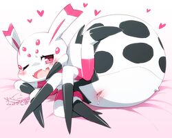 2021 5:4 anthro arachnid arthropod arthropod_abdomen arthropod_abdomen_genitalia arthropod_abdomen_pussy bedding bedding_background black_spots blush bodily_fluids cotora cute_fangs female genital_fluids genitals heart hi_res kumo_desu_ga_nani_ka? kumoko lying multi_eye multi_leg multi_limb on_side one_eye_closed open_mouth pink_background pussy pussy_juice red_eyes simple_background so_i'm_a_spider_so_what? solo spider spots spotted_body taratect white_background white_body