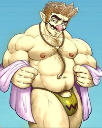 abs bara biceps big_penis bulge coat doctor dr._mario_(series) dr._wario flaccid hairy hairy_balls hairy_chest male male_only mario_(series) moustache muscular_male nipples penis penis_under_clothes smile solo solo_male stethoscope underwear undressing wario