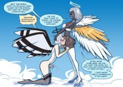 angel angel_wings bakuhaku blush bra bra_only brown_skin clouds cumming cumming_from_giving_oral cumming_while_penetrated deepthroat dialogue emily_(hazbin_hotel) erection facefuck feathered_wings feathers futa_on_futa futa_only futanari grabbing_head grey_hair halo hands_on_thighs hazbin_hotel hazbin_hotel_(season_2) high_heels kneeling kneeling_oral_position large_breasts lute_(hazbin_hotel) pale_skin running_mascara short_hair skinny small_penis stockings throat_fuck throat_swabbing tiny_penis white_hair