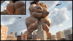 areum_(dinner-kun) breast_press breasts_bigger_than_head cityscape dinner-kun erect_nipples giantess giantess_growth hand_behind_head helicopters heyong_areum muscular muscular_arms muscular_female muscular_legs muscular_thighs thunder_thighs