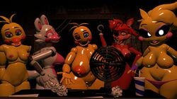 3d 3d_(artwork) breasts butt five_nights_at_freddy's five_nights_at_freddy's_2 foxy_(fnaf) funtime_foxy_(fnaf) funtime_foxy_(fnafsl) looking_at_viewer looking_back nipples nude nude_female panties panties_down pulling_down_pants pussy rockstar_foxy source_filmmaker toy_chica_(eroticphobia) toy_chica_(fnaf) yaboiscout