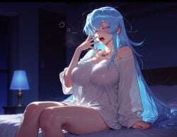1girl 1girls ai_generated akame_ga_kill! arm_support balecxi bare_shoulders bed bedroom blue_eyes blue_hair blue_nails blush breasts chest_tattoo cleavage clothing colored_eyelashes covered_nipples curvaceous curvaceous_female curvaceous_figure curvy curvy_figure desk_lamp esdeath_(akame_ga_kill!) female female_focus hair_between_eyes half-closed_eyes hand_to_own_mouth indoors inviting inviting_to_sex jewelry lamp large_breasts long_hair long_sleeves messy_hair morning necklace off_shoulder on_bed one_eye_closed open_mouth presenting presenting_ass presenting_breasts presenting_hindquarters presenting_self seductive seductive_look seductive_smile see-through see-through_shirt shirt sidelocks single_bare_shoulder sitting sleep_bubble sleepy solo tattoo thighs very_long_hair voluptuous voluptuous_female waking_up white_shirt yawning