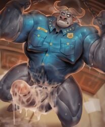 after_orgasm anthro balls bara barazoku big_muscles big_penis boner bound_wrists cape_buffalo chained_wrists chief_bogo cum cum_on_penis dsharp_k erection furry horns male male_only muscles muscular musk pantsless penis shirt solo solo_male sweat sweating zootopia